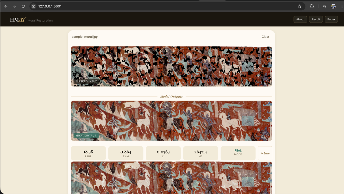 HMAT results screen comparing the masked mural with model output